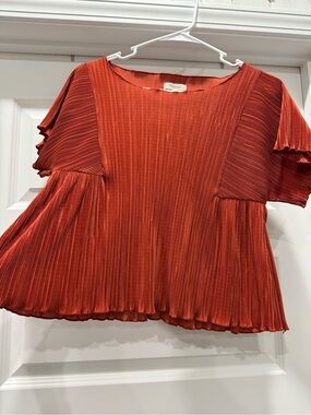 Madewell Pleated Rust-Orange Short Sleeve Blouse